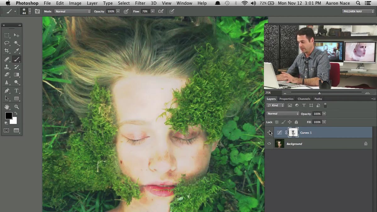 Layers panel showing reduced opacity on the Curves adjustment layer