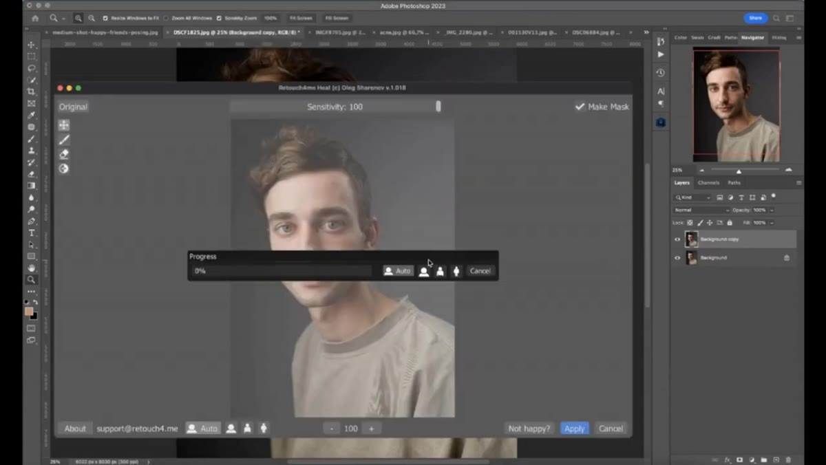 Filter menu open showing Retouch4Me plugin options listed