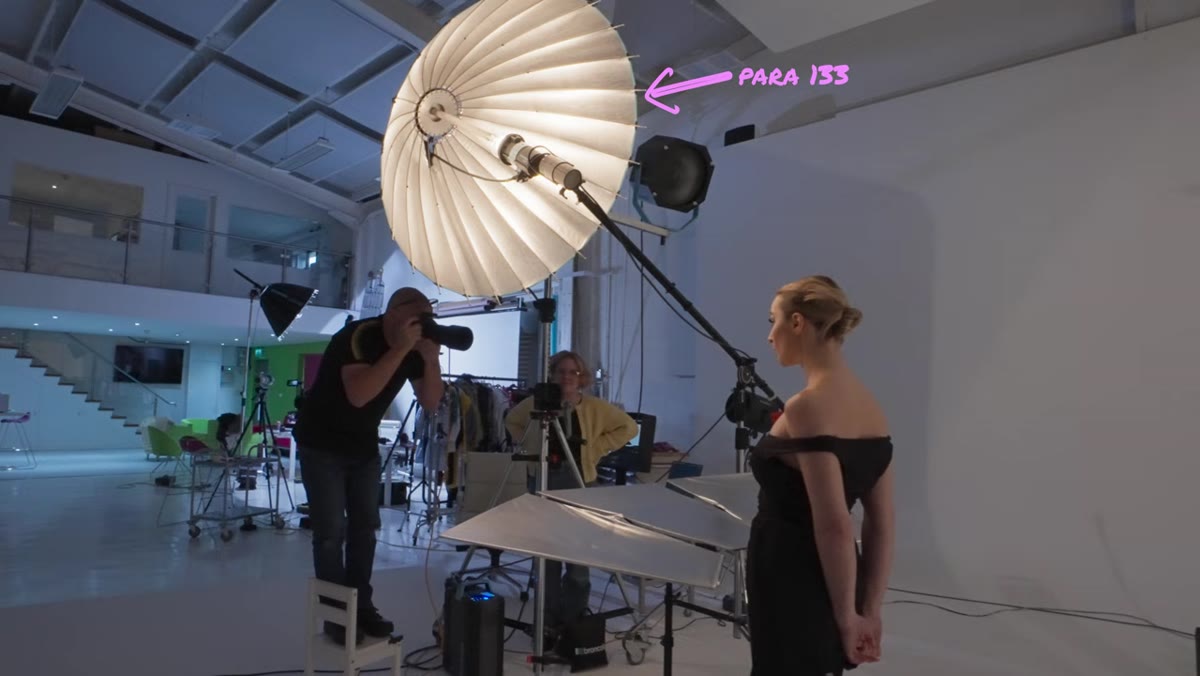 Behind-the-scenes showing large parabolic light above the camera