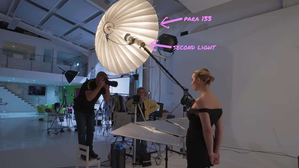 Small flashlight on boom arm positioned at center of parabolic