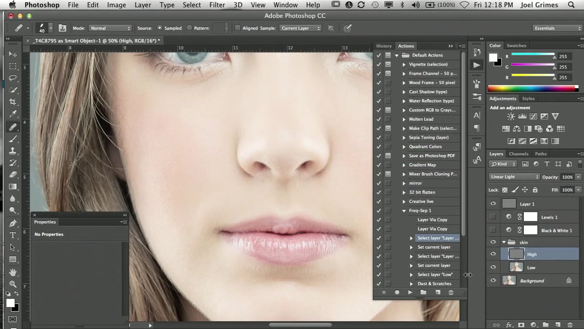 Frequency separation layers visible in Photoshop panel