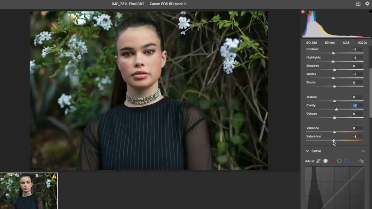 Clarity slider being adjusted in Camera Raw Basic panel