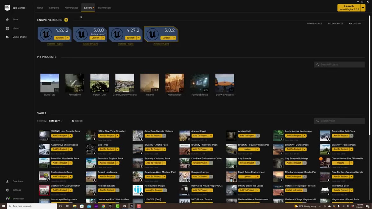 Epic Games Launcher library showing engine version install options