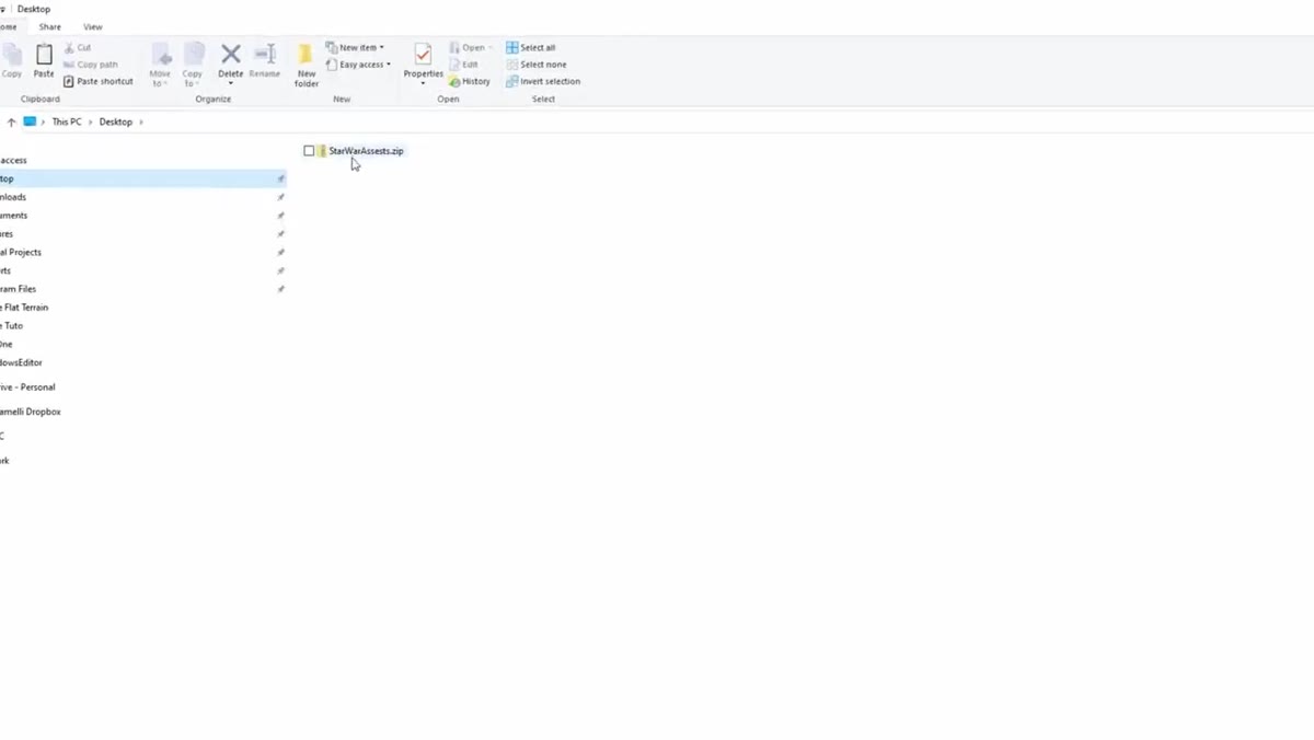Desktop showing Star Wars asset zip file ready to open