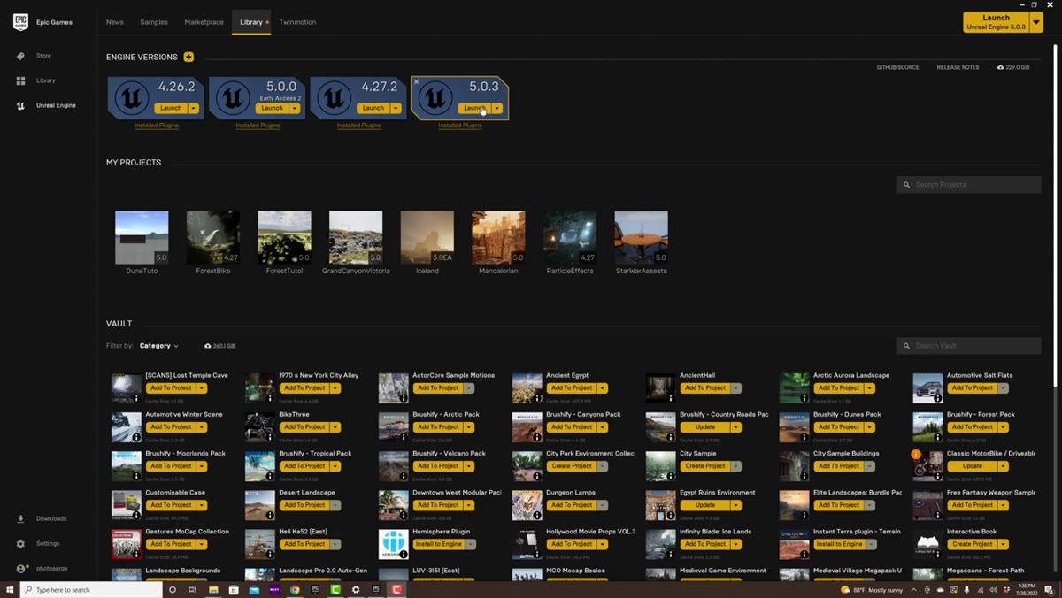 Unreal Engine launcher with project files ready to open
