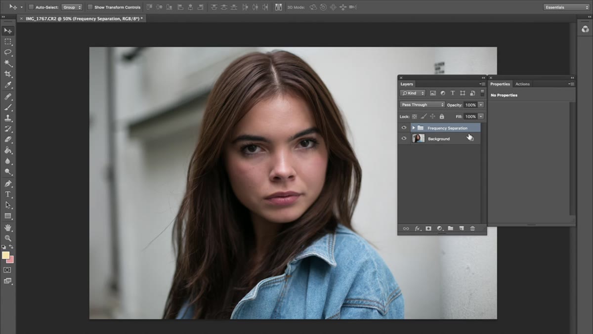 Frequency separation folder visible in Photoshop layers panel